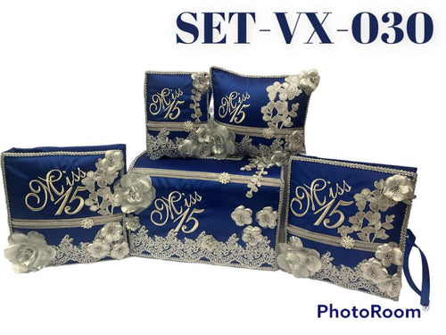 Quinceañera Set #030, 5 custom pieces in Spanish (Mis Quince Años) kneeling Pillow, Tiara Pillow, Photo Album, Guest Book, Spanish Bible.