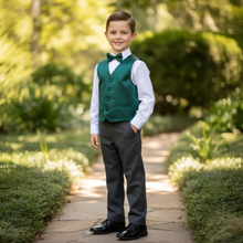 Cargar imagen en el visor de la galería, Boys Formal Dress Vest and Bow Tie Set - Toddler to Youth Pageant Suit - Kids Wedding Attire, Ring Bearer Outfit, or Gala Event Wear - Multiple Colors Available