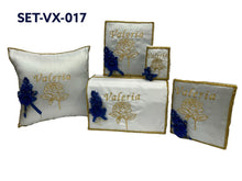 Cargar imagen en el visor de la galería, Quinceañera Set #17, 5 Custom Embroidery In English &amp; Spanish (Mis Quince Años) Kneeling Pillow, Tiara Pillow, Photo Album, Guest Book, Bible, &amp; Money Bags