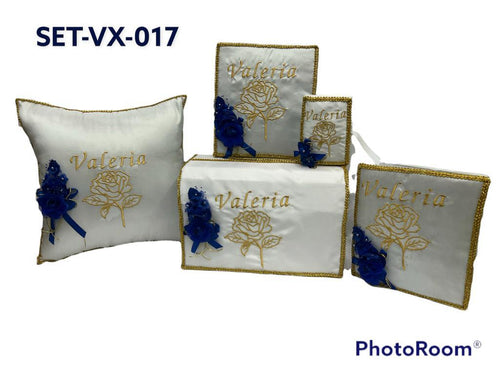 Quinceañera Set #017, 5 custom pieces in Spanish (Mis Quince Años) kneeling Pillow, Tiara Pillow, Photo Album, Guest Book, Spanish Bible