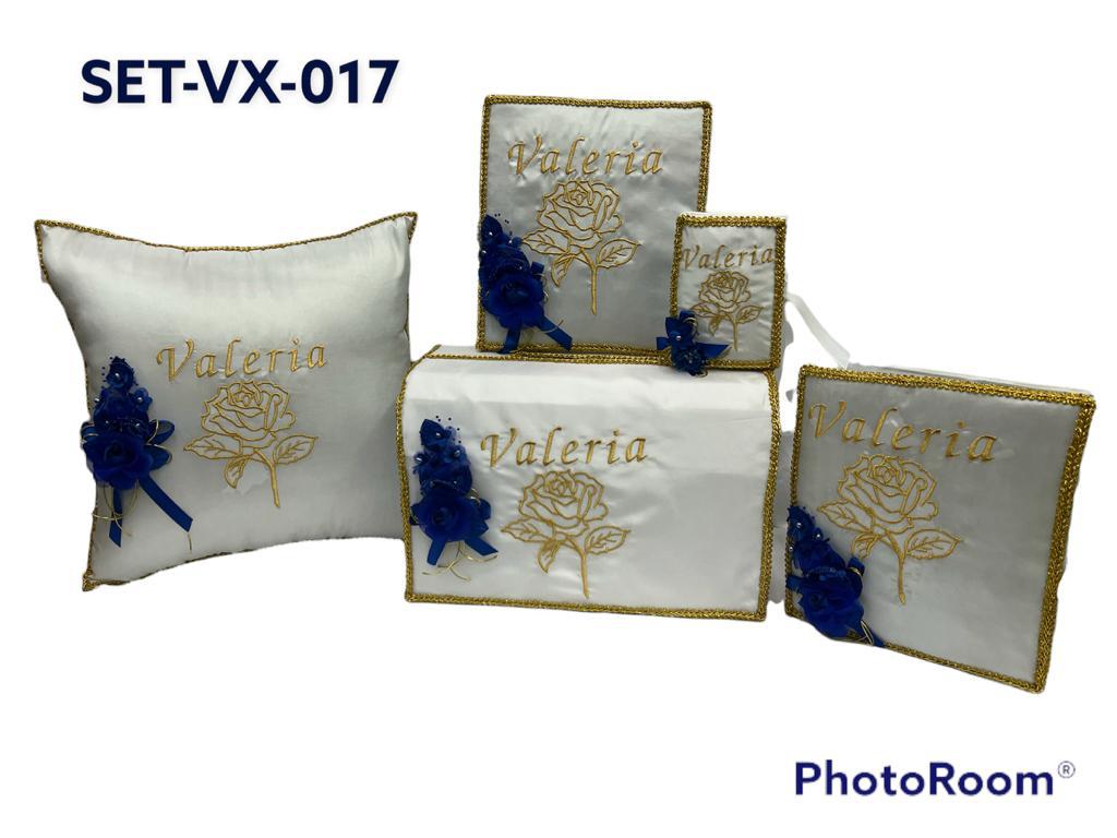 Quinceañera Set #017, 5 custom pieces in Spanish (Mis Quince Años) kneeling Pillow, Tiara Pillow, Photo Album, Guest Book, Spanish Bible