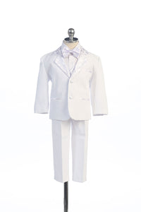 Boy's White Five Piece Diamond Pattern Christening Tuxedo