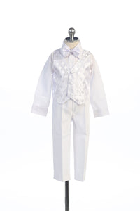 Boy's White Five Piece Diamond Pattern Christening Tuxedo