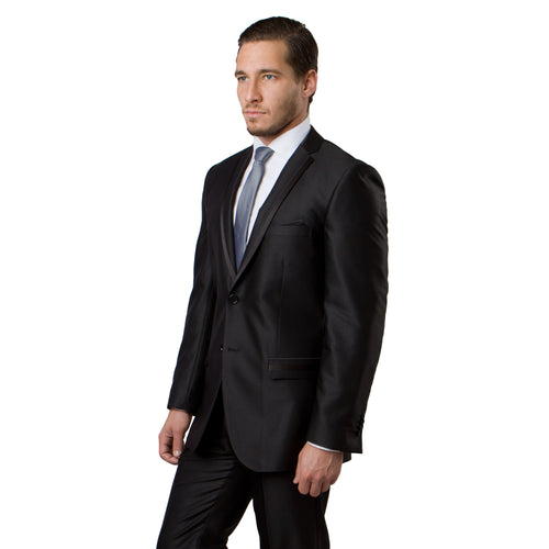 Men's Slim Fit Satin Black/Black Solid Tone on Tone 2-PC Slim Fit Stretch Suits For Men