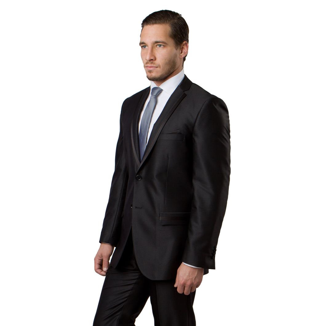 Men's Slim Fit Satin Black/Black Solid Tone on Tone 2-PC Slim Fit Stretch Suits For Men