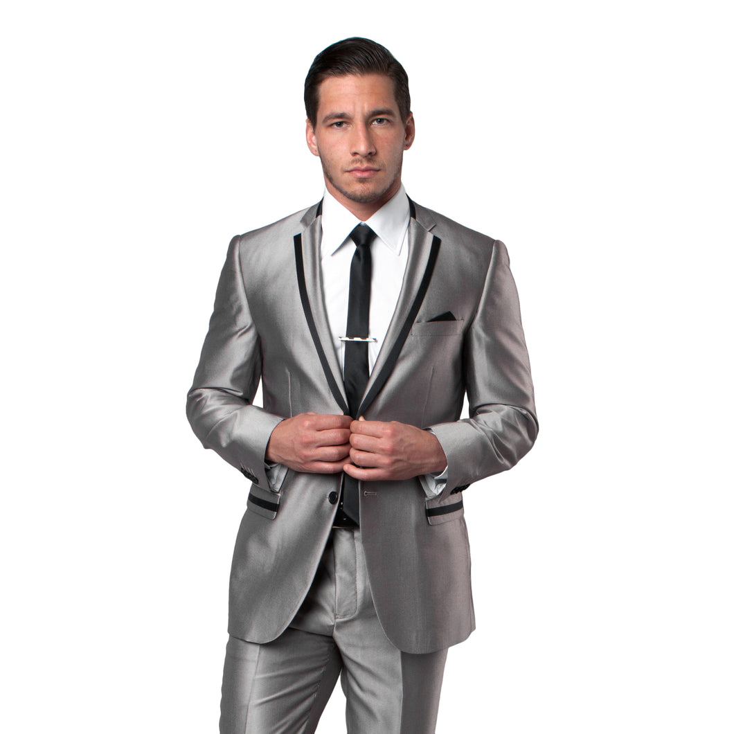 Men's Slim Fit Satin Grey/Black Solid Tone on Tone 2-PC Slim Fit Stretch Suits For Men