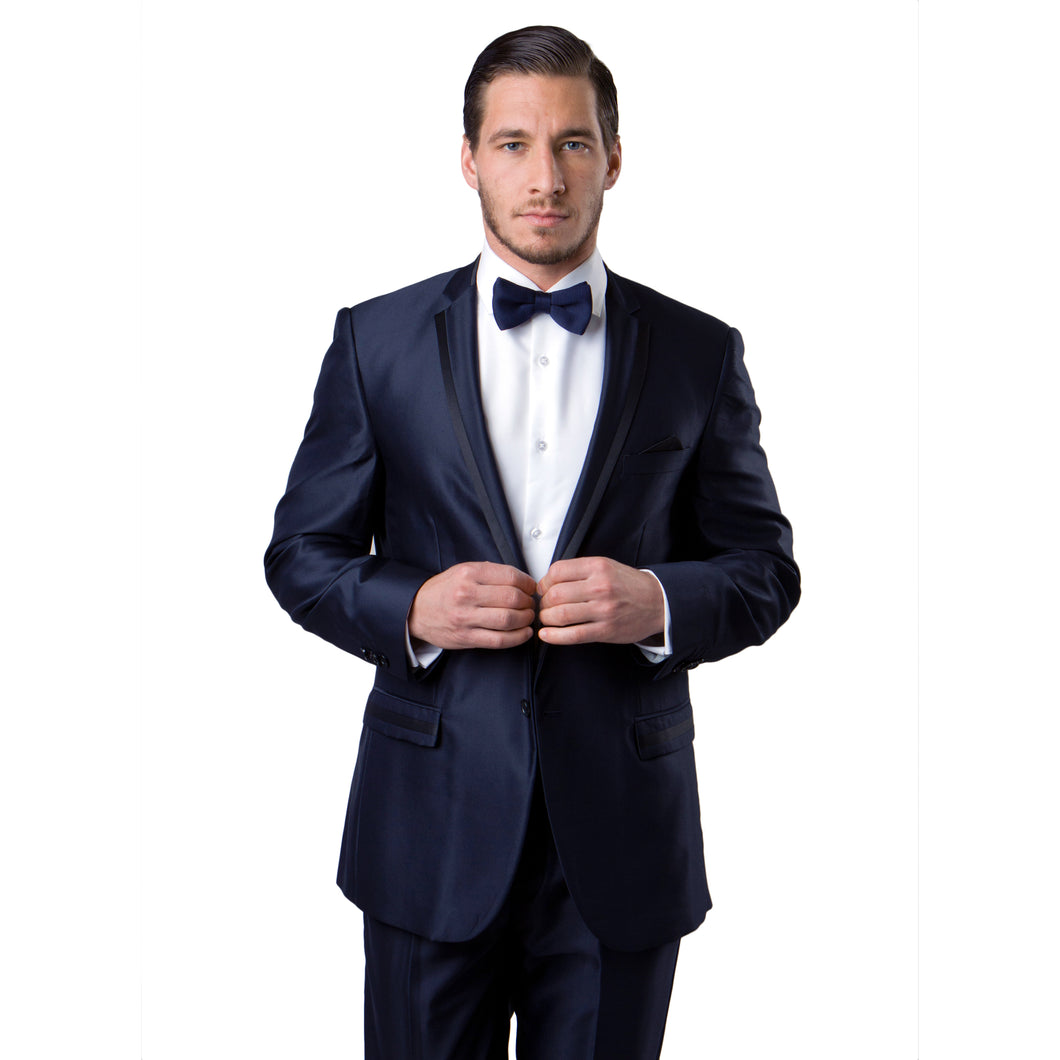Men's Slim Fit Satin Navy/Black Solid Tone on Tone 2-PC Slim Fit Stretch Suits For Men