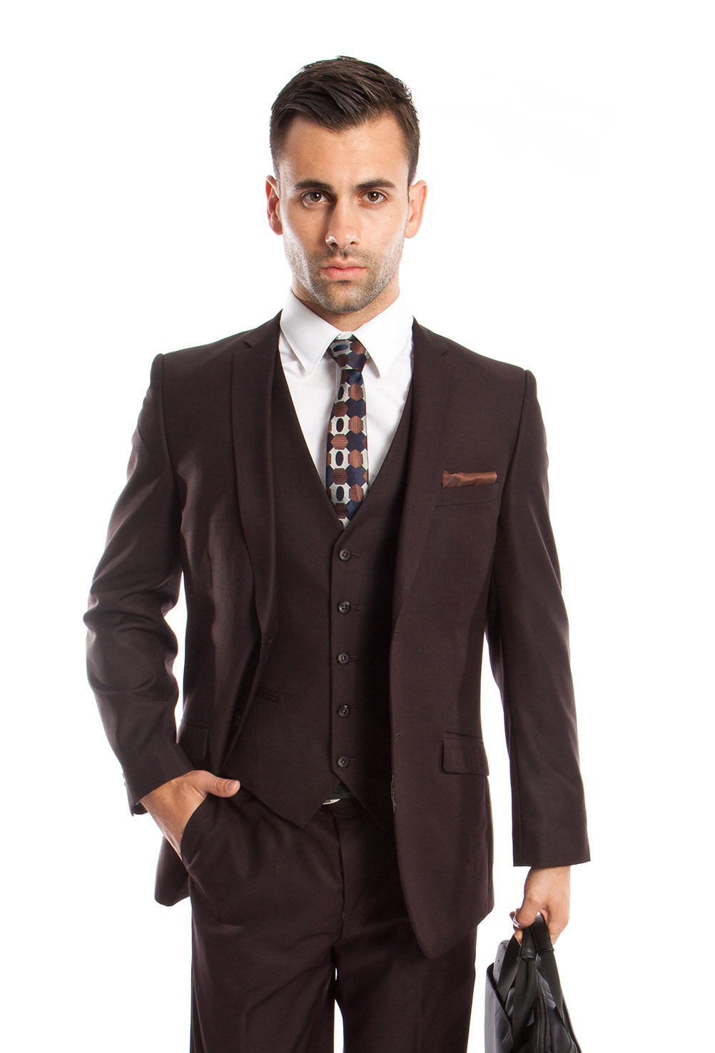 Men's Slim Fit Brown Solid 3-PC Stretch Suit