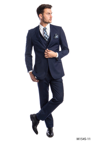 Men's Slim Fit Navy Blue Solid 3-PC Stretch Suit
