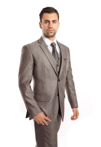 Men's Modern Fit Gray Solid Shiny Sharkskin 3-PC Suit