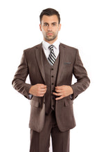 Cargar imagen en el visor de la galería, Men&#39;s Modern Fit Brown Solid Shiny Sharkskin 3-PC Suit