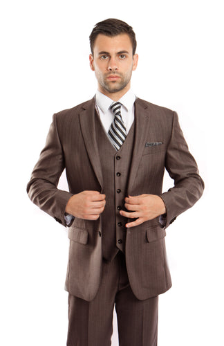 Men's Modern Fit Brown Solid Shiny Sharkskin 3-PC Suit