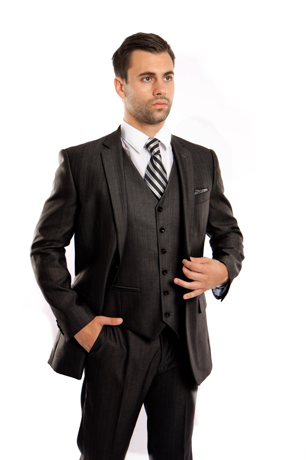 Men's Modern Fit Steel Navy Solid Shiny Sharkskin 3-PC Suit