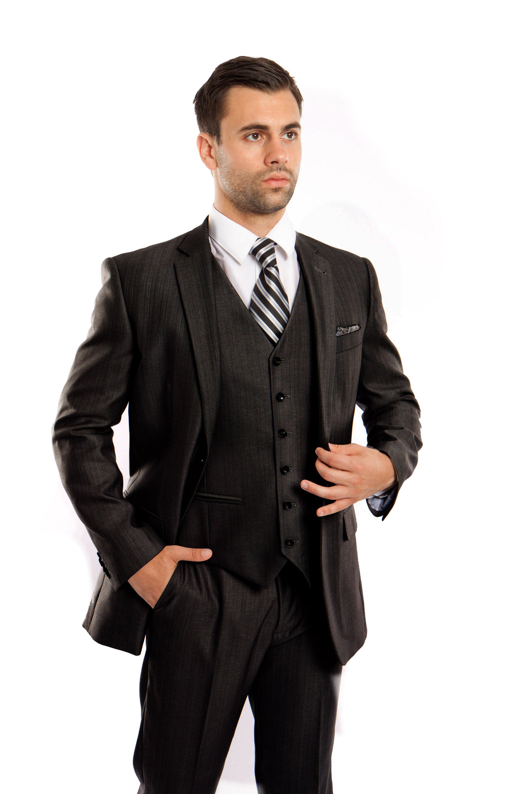 Men's Modern Fit Black Solid Shiny Sharkskin 3-PC Suit