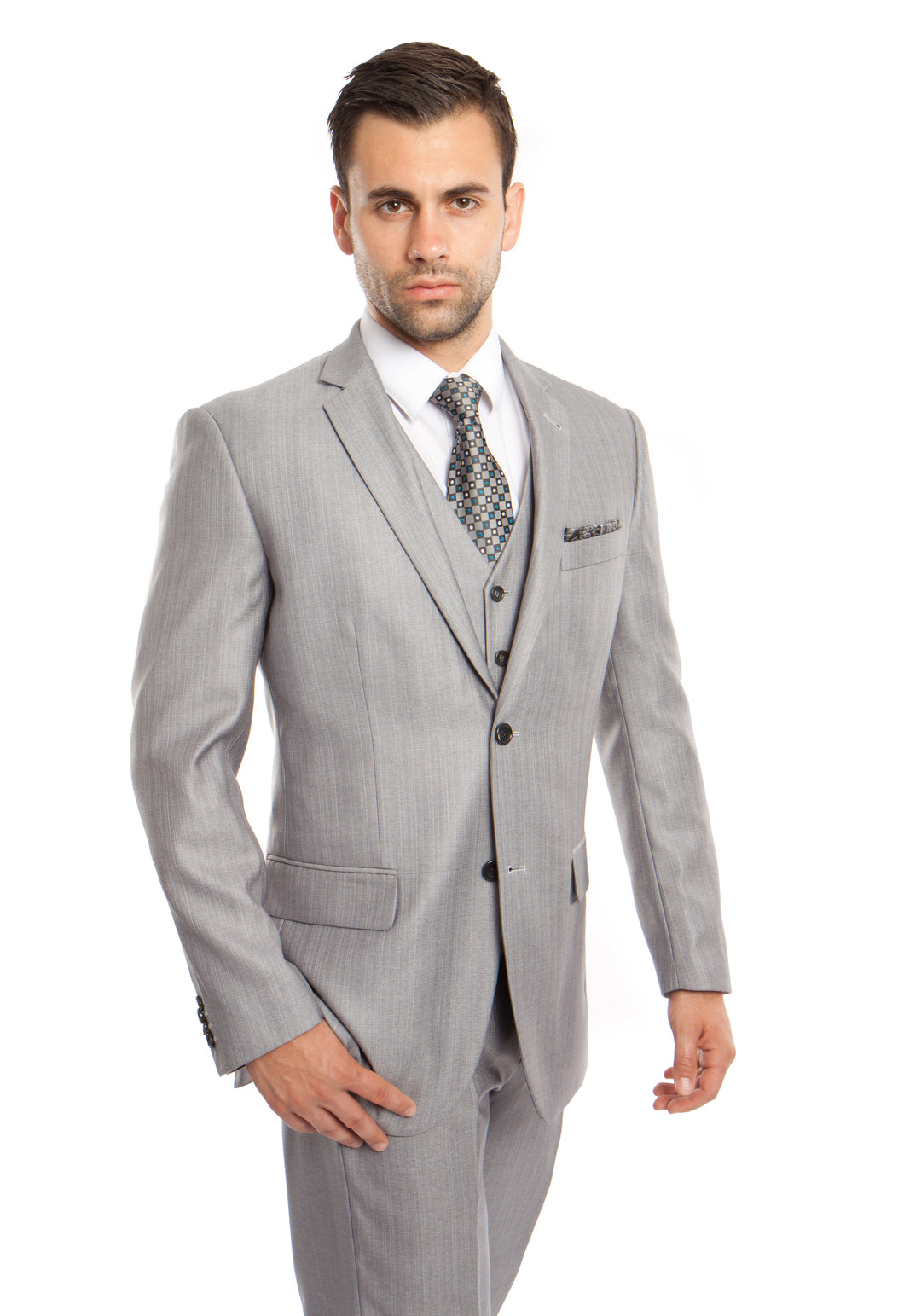Men's Modern Fit Light Gray Solid Shiny Sharkskin 3-PC Suit