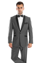 Cargar imagen en el visor de la galería, Gray / Black Solid with Black Shawl Collar Trim 2-PC Slim Fit Suits For Men