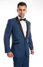 Cargar imagen en el visor de la galería, Blue / Black Solid with Black Shawl Collar Trim 2-PC Slim Fit Suits For Men