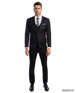 Mens Skinny Fit Solid Black Three Piece Suit