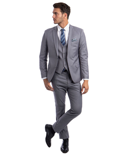 Mens Skinny Fit Solid Grey Three Piece Suit