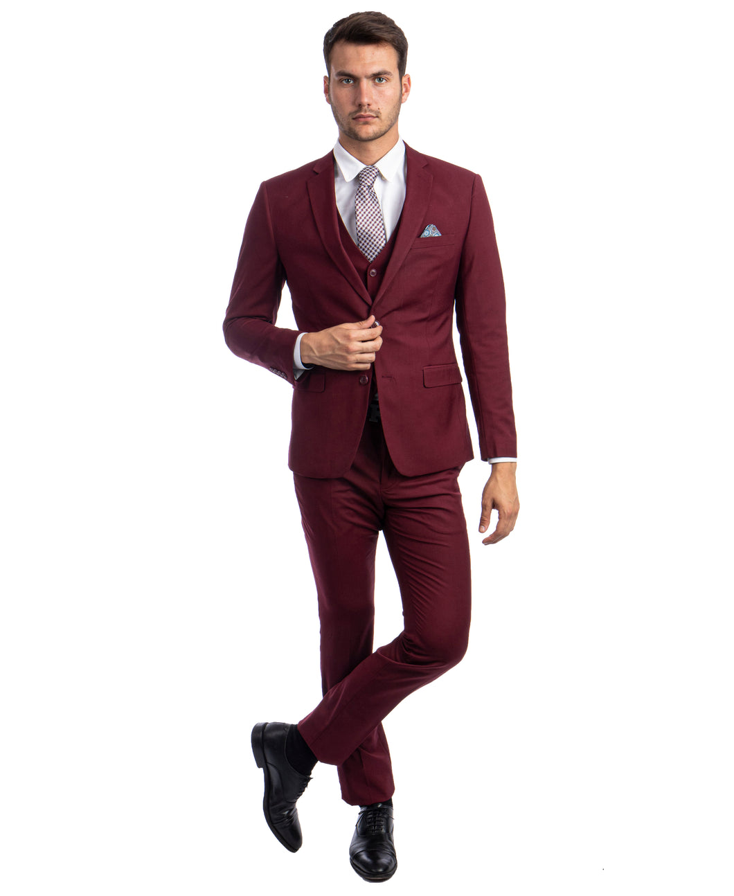 Mens Skinny Fit Solid Burgundy Three Piece Suit