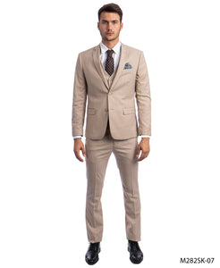 Mens Skinny Fit Solid Mid Tan Three Piece Suit