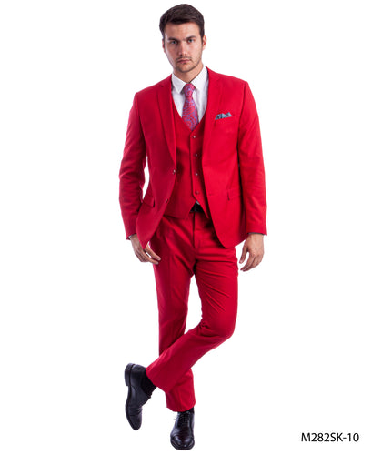 Mens Skinny Fit Solid Red Three Piece Suit