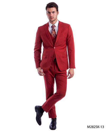 Mens Skinny Fit Solid Brick Color Three Piece Suit