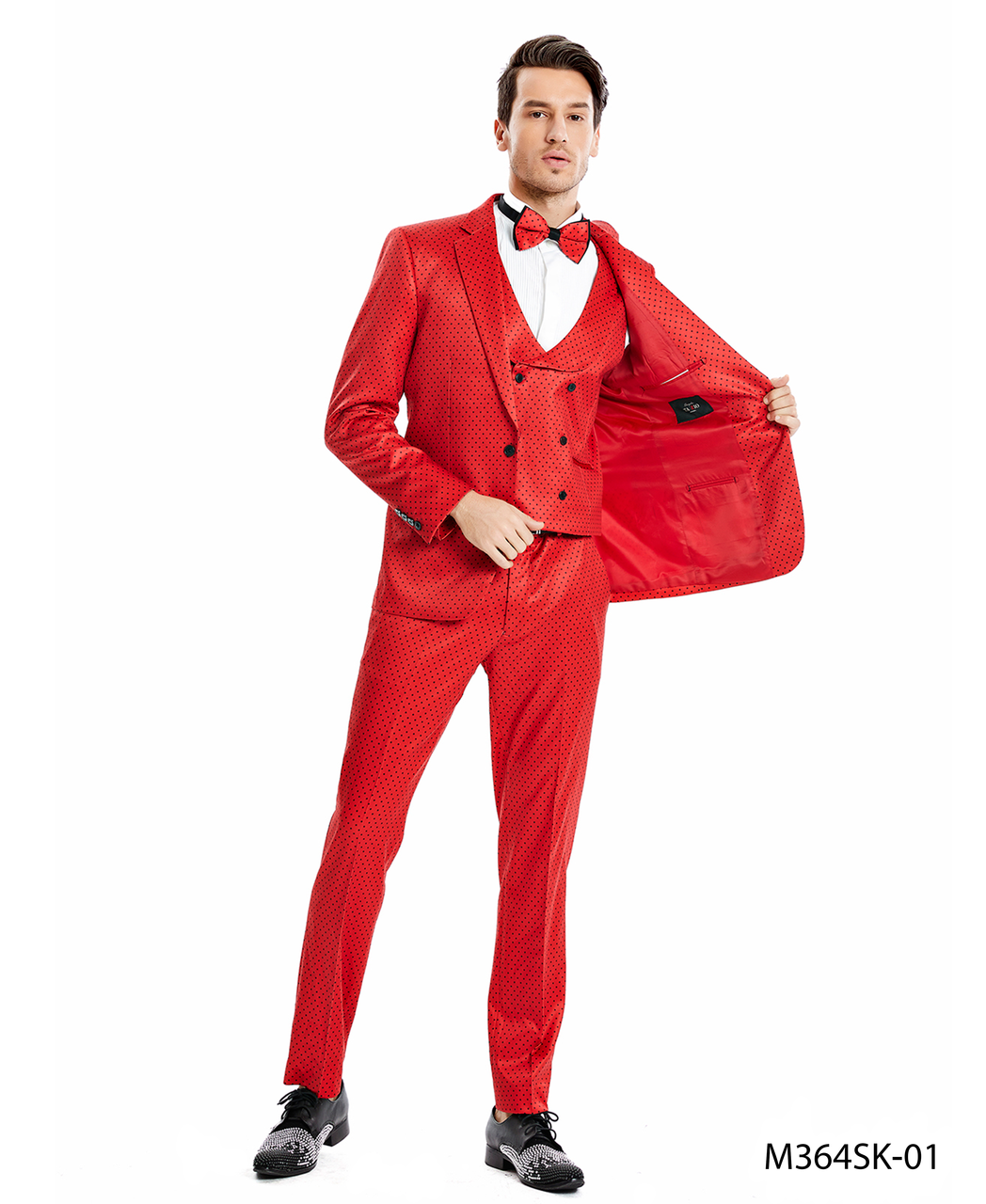 Men's Red Peak Lapel Skinny Fit Polka-Dot Suit (Long)