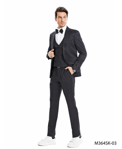 Men's Black Peak Lapel Skinny Fit Polka-Dot Suit (Long)