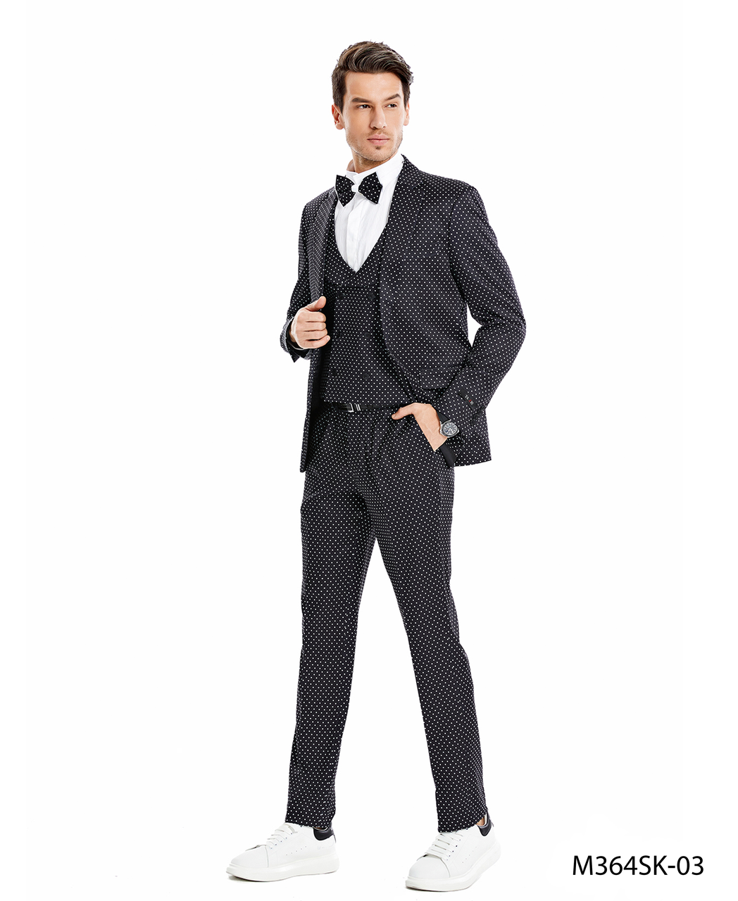 Men's Black Peak Lapel Skinny Fit Polka-Dot Suit (Long)