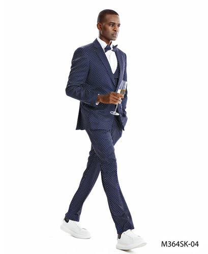 Men's Navy Peak Lapel Skinny Fit Polka-Dot Suit (Short)