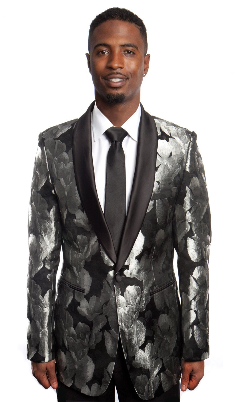 Modern Fit Satin Shawl Lapel Floral Pattern Mens Sports coat Blazer Jacket For Men