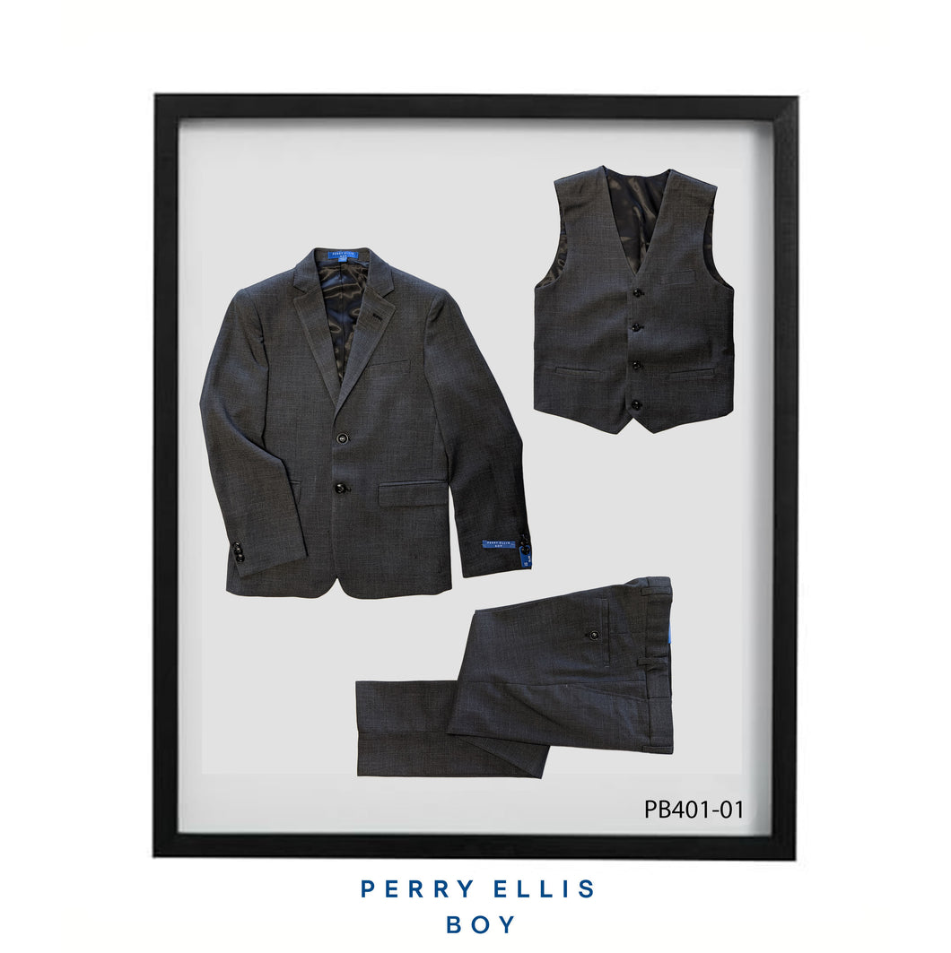 Dark Grey 3 Piece Perry Ellis Textured Suits For Boys PB401-01